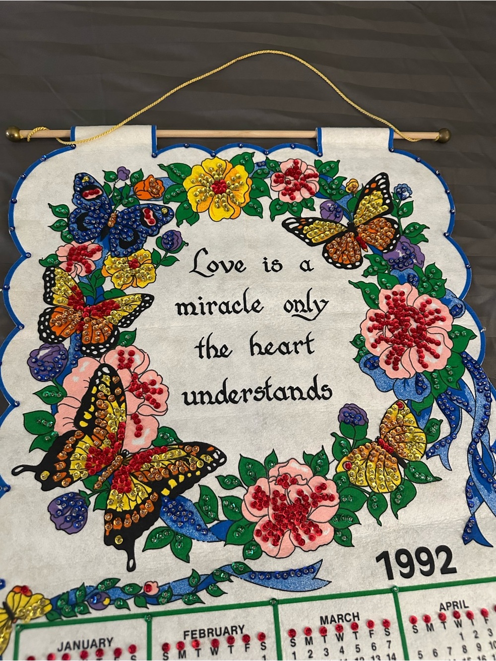 Vintage 1992 Handcrafted Butterfly Floral Calendar Wall Hanging - Multicolor